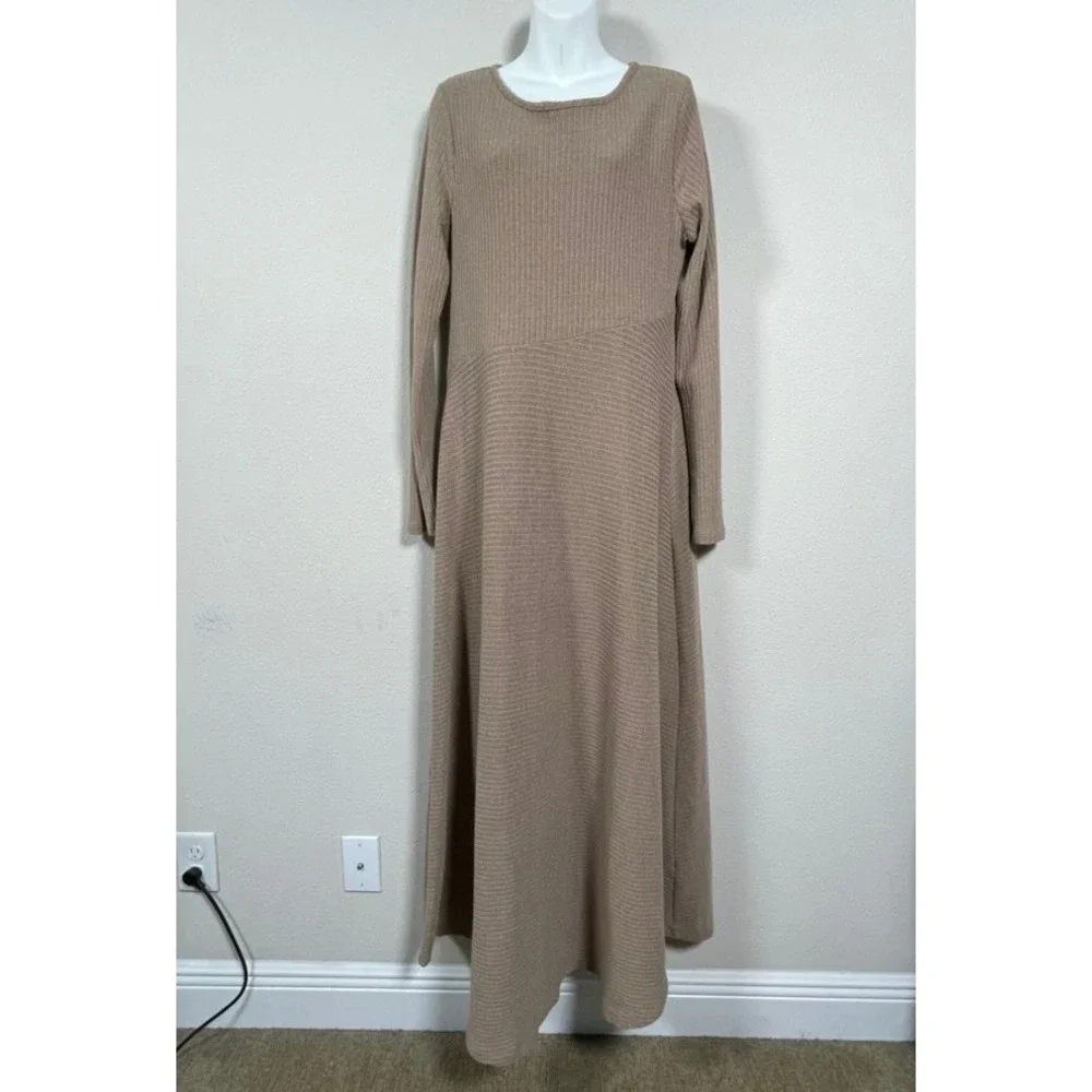 Soft Surroundings Ribbed Maxi Dress XL Tan Minimalist Cottagecore Long Sleeve